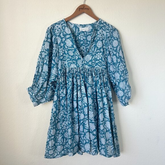 Daughters of India Dress Womens Medium Blue Floral Gauze Balloon Kyra Mini M - Picture 1 of 8
